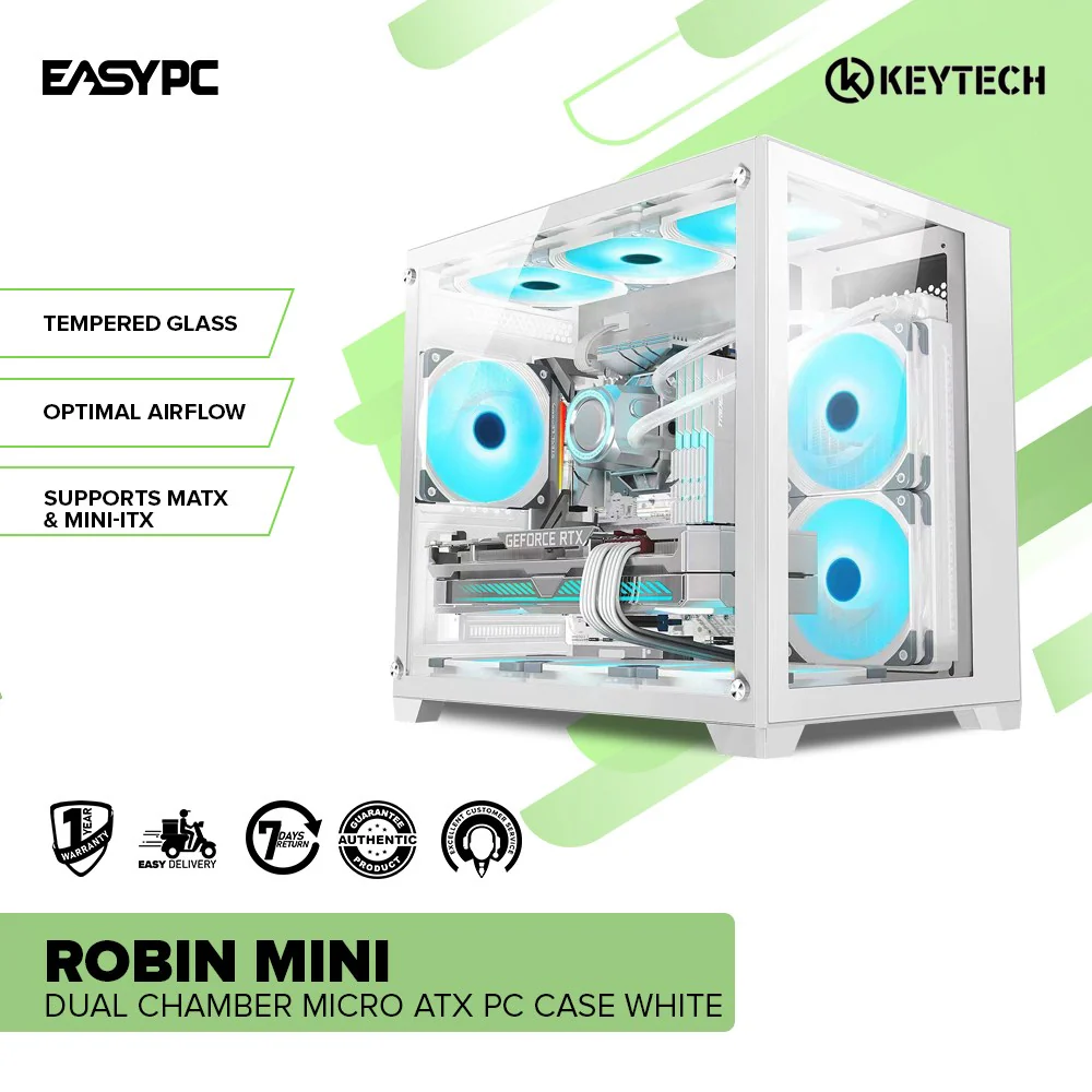 Keytech Robin Mini Dual Chamber Tempered Glass Optimal Airflow Micro ATX Black and White PC Case - Image 6