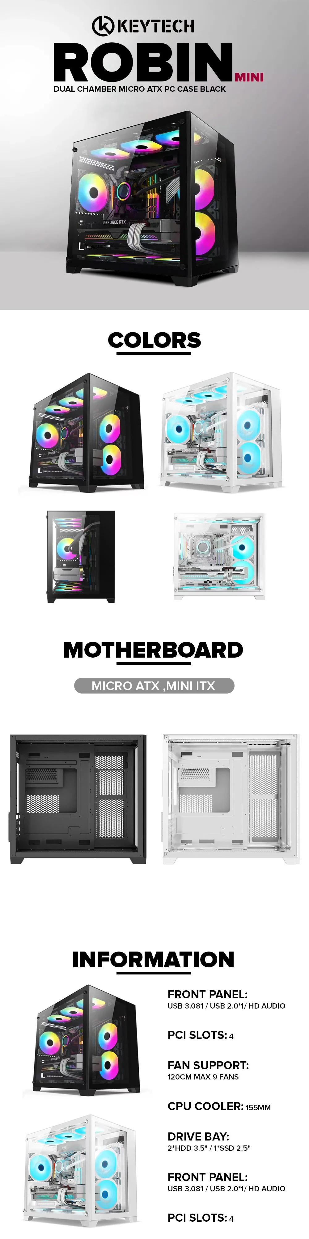 Keytech Robin Mini Dual Chamber Tempered Glass Optimal Airflow Micro ATX Black and White PC Case - Image 9
