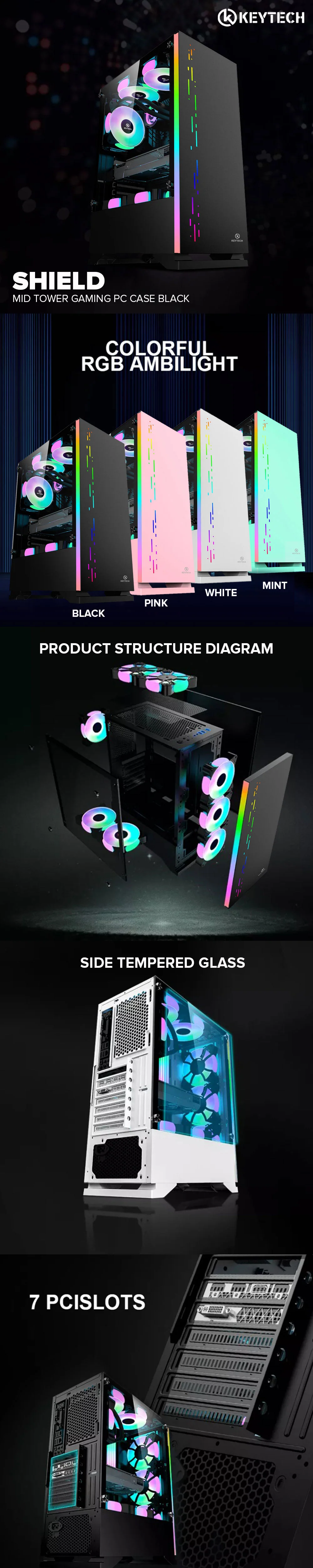 Keytech Shield Mid Tower Gaming PC Case Pink, White, Black or Mint - Image 13