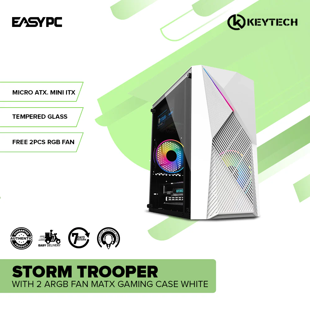 Keytech Storm Trooper with 2 ARGB Fan MATX Gaming Case White - Image 2