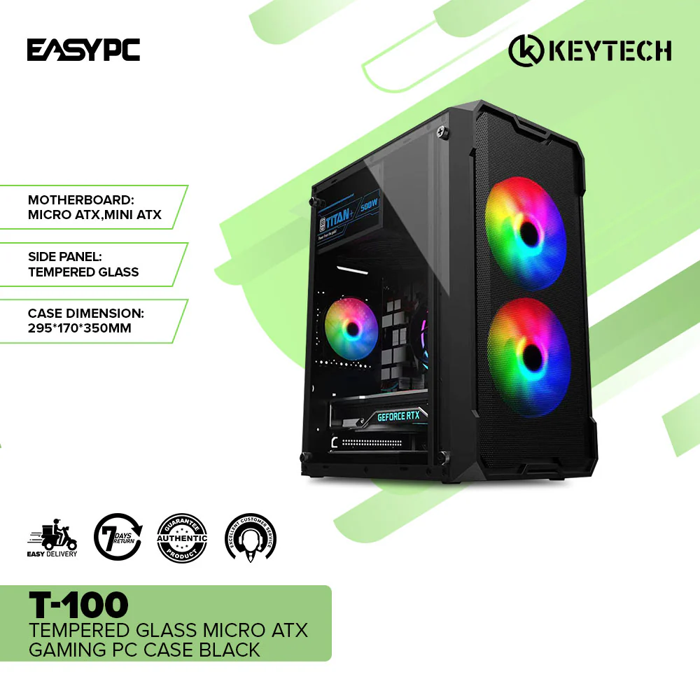 Keytech T-100 Tempered Glass Micro ATX Gaming PC Case Black - Image 2
