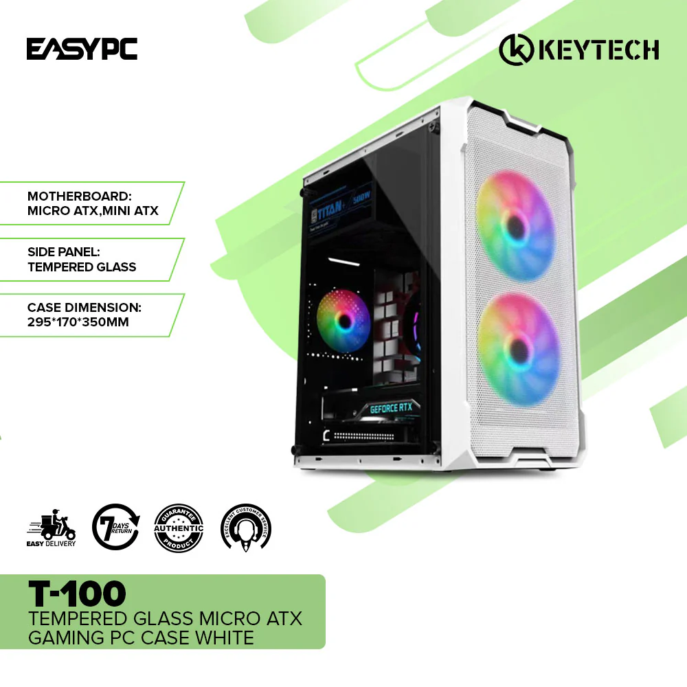 Keytech T-100 Tempered Glass Micro ATX Gaming PC Case White - Image 2