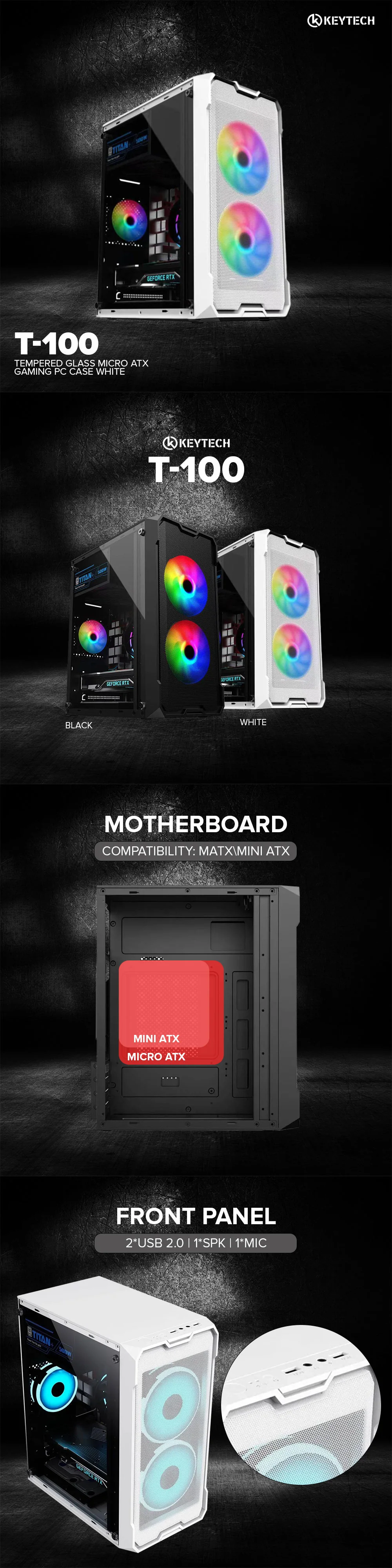 Keytech T-100 Tempered Glass Micro ATX Gaming PC Case White - Image 5