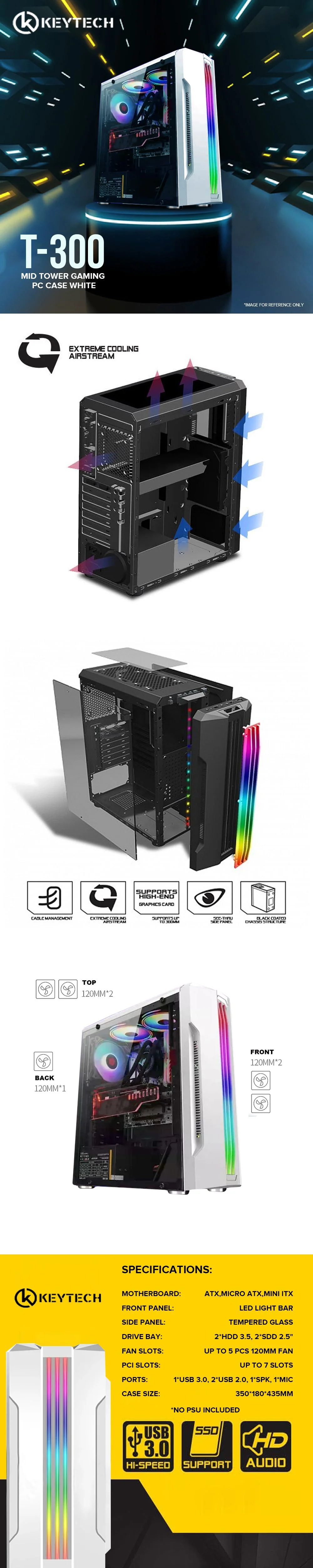 Keytech T-300 Mid Tower 7 slot PCI, 5 Pcs Fan Slot PC Case Gaming White - Image 6