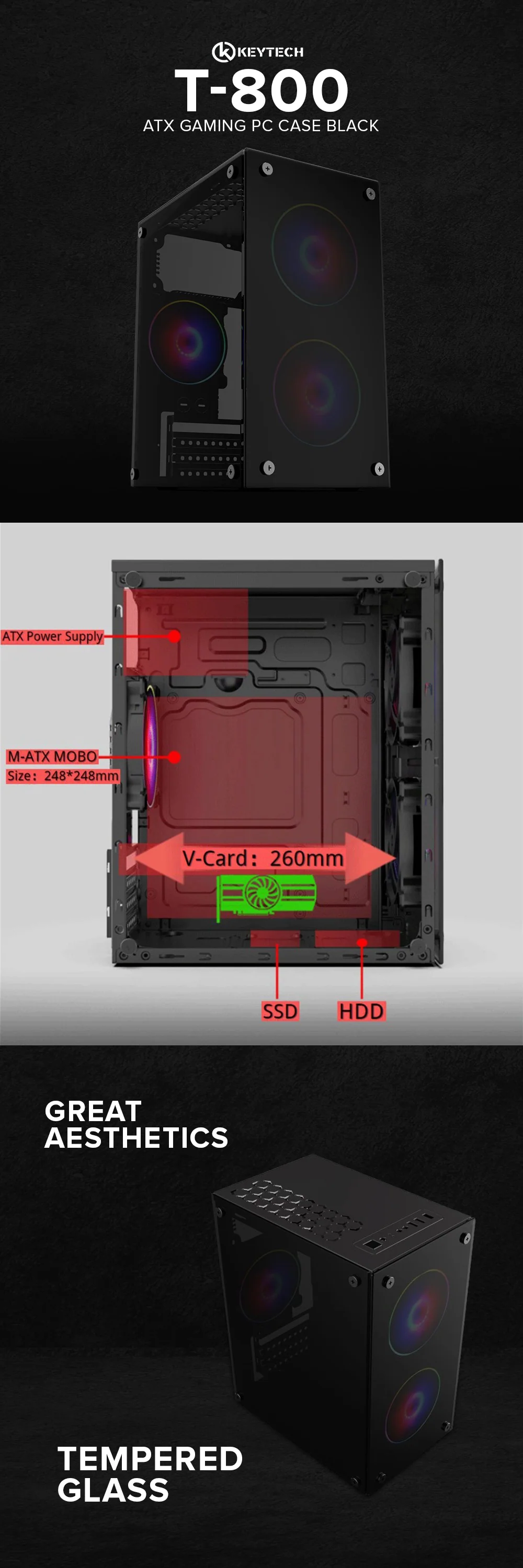 Keytech T-800 Micro ATX Tempered Glass Gaming PC Case Black - Image 4