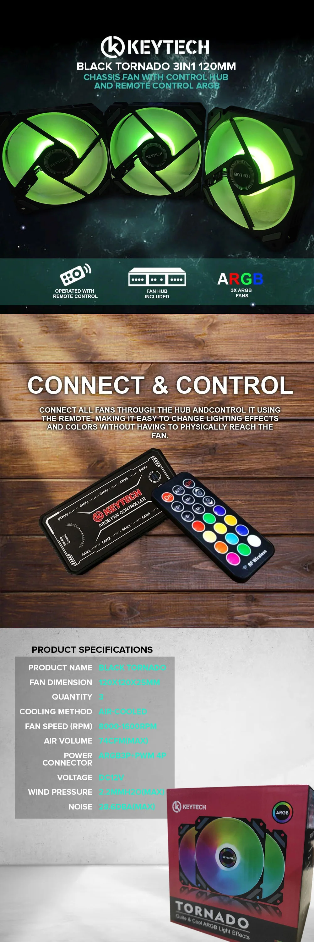 Keytech Tornado 3in1 120mm Chassis Fan with Control Hub and Remote Control ARGB - Image 5