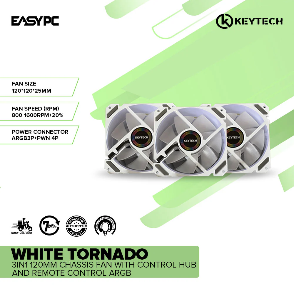 Keytech White Tornado 3in1 120mm Chassis Fan with Control Hub and Remote-Control ARGB - Image 2