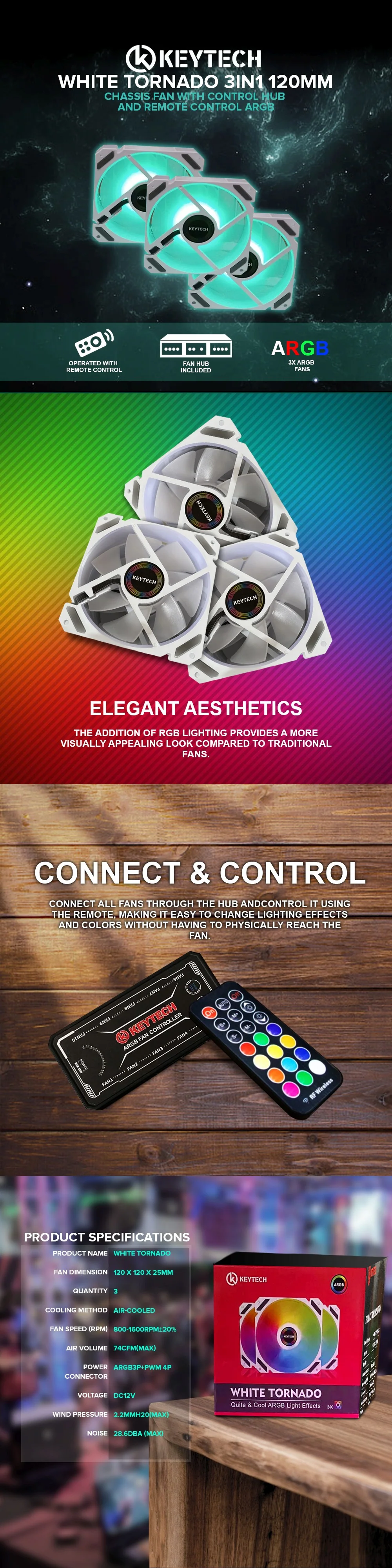 Keytech White Tornado 3in1 120mm Chassis Fan with Control Hub and Remote-Control ARGB - Image 6