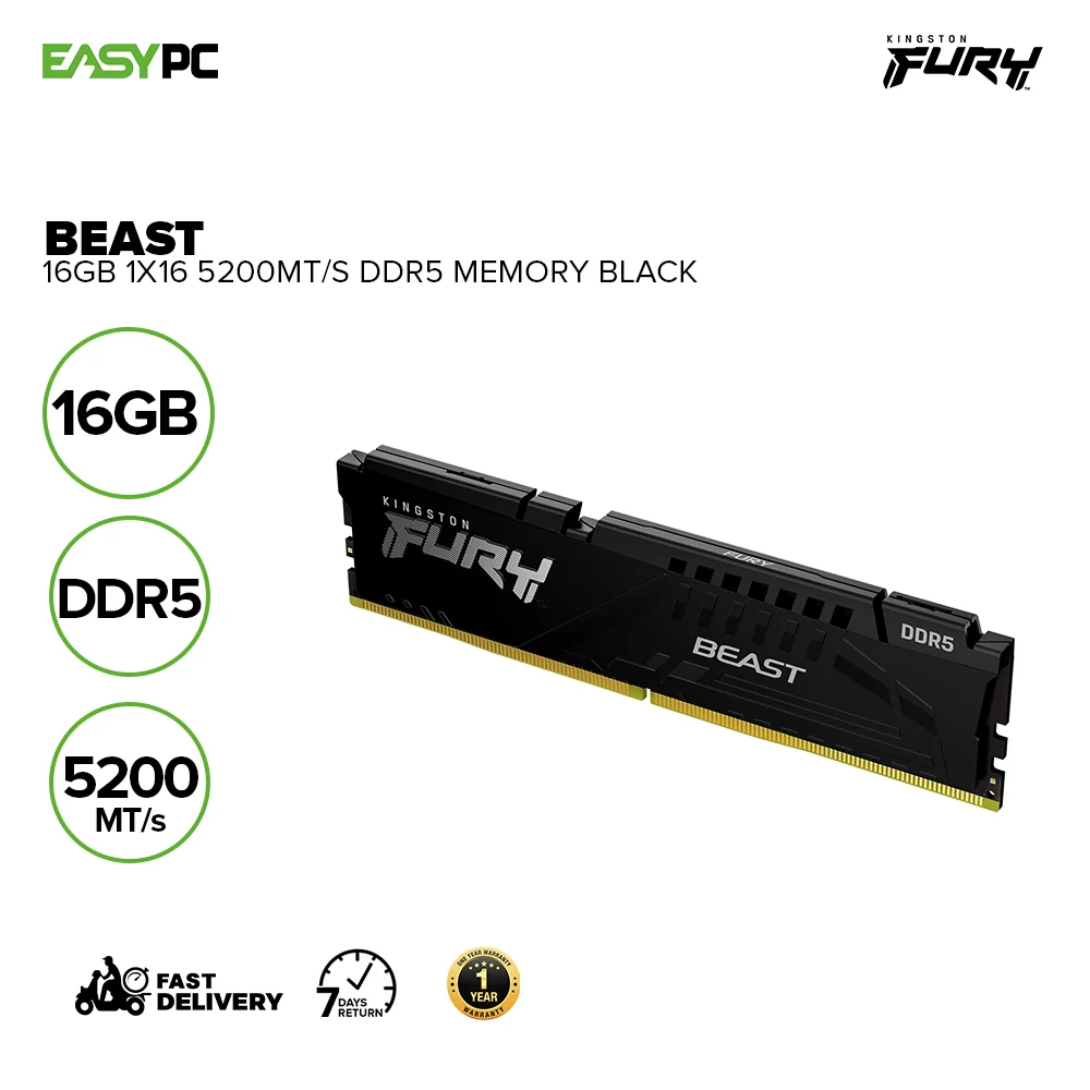 Kingston Fury Beast 16gb 1x16 5200MT/s Ddr5 Memory Black - Image 2