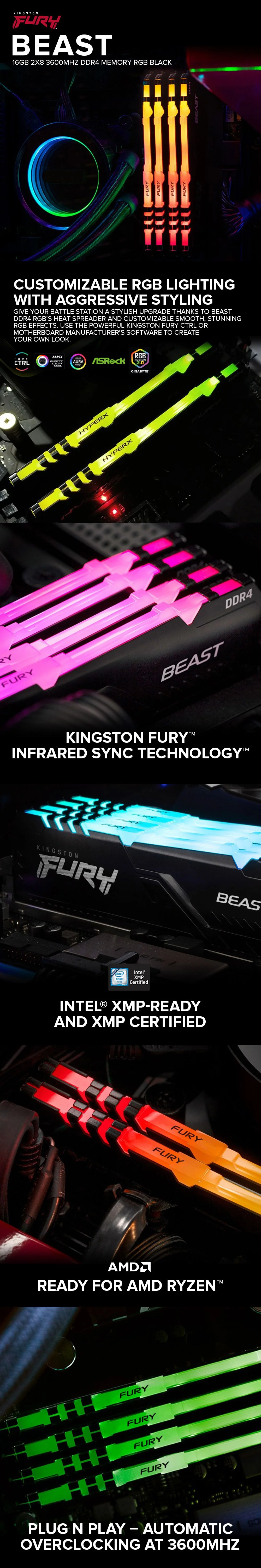 Kingston Fury Beast 16gb 2x8 3600MT/s Ddr4 Memory RGB Black - Image 6