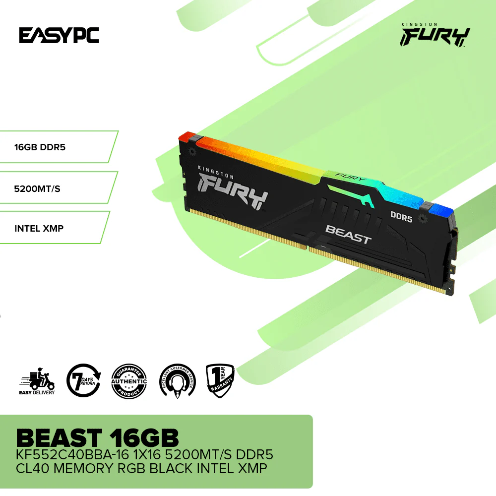 Kingston Fury Beast 16gb KF552C40BBA-16 1x16 5200MT/s Ddr5 CL40 Memory RGB Black Intel XMP - Image 2