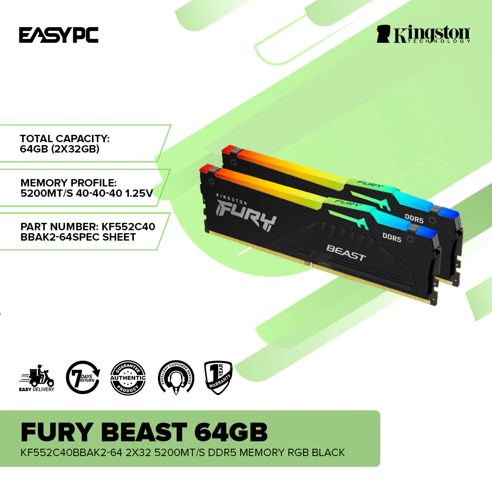 Kingston Fury Beast 64gb KF552C40BBAK2-64 2x32 5200MT/s Ddr5 Memory RGB Black - Image 2