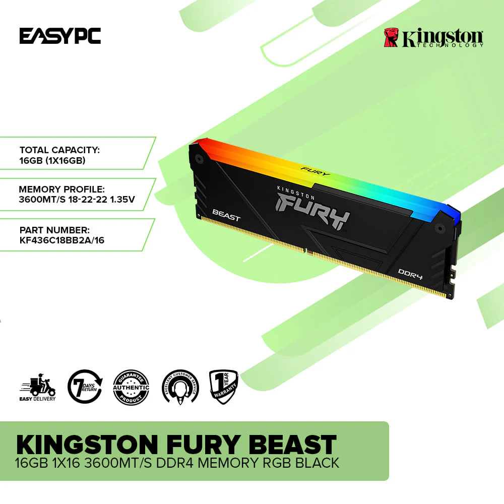 Kingston Fury Beast KF436C18BB2A/16 16gb 1x16 3600MT/s Ddr4 Memory RGB Black - Image 2