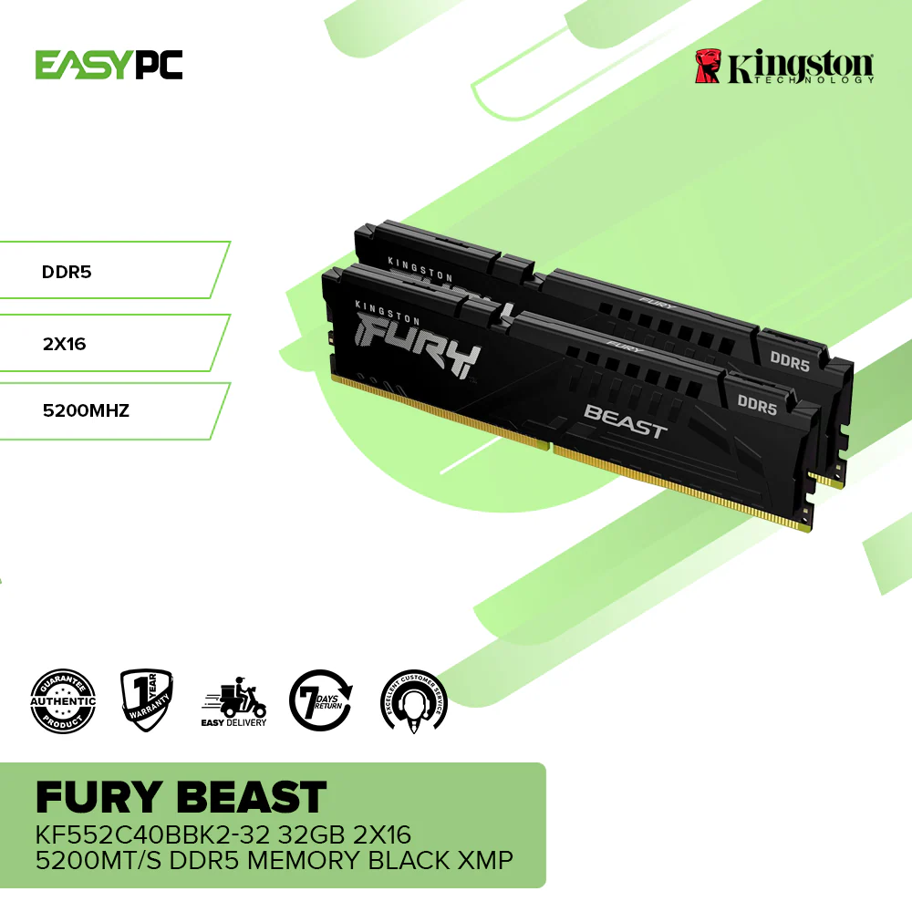 Kingston Fury Beast KF552C40BBK2-32 32GB 2x16 5200MT/s DDR5 Memory Black XMP - Image 2