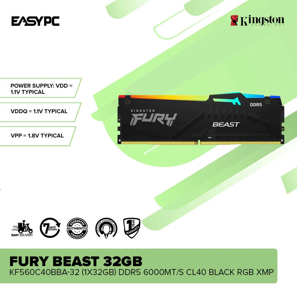 Kingston Fury Beast KF560C40BBA-32 32GB (1x32GB) DDR5 6000MT/s CL40 Black RGB XMP - Image 2