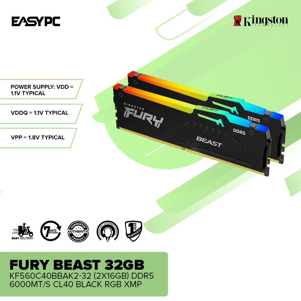 Kingston Fury Beast KF560C40BBAK2-32 32GB (2x16GB) DDR5 6000MT/s CL40 Black RGB XMP - Image 2