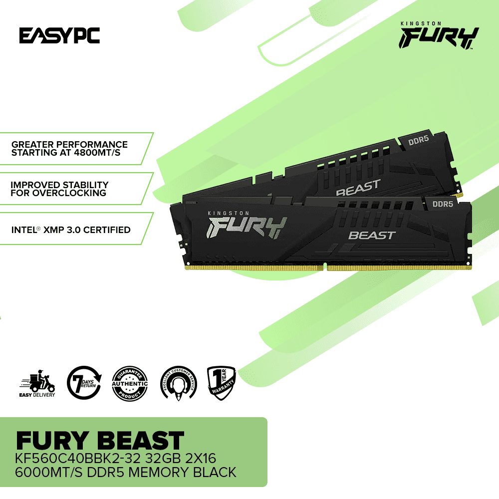 Kingston Fury Beast 32GB (2x16GB) DDR5-6000 CL40 Gaming Memory Kit Black KF560C40BBK2-32 - Image 2