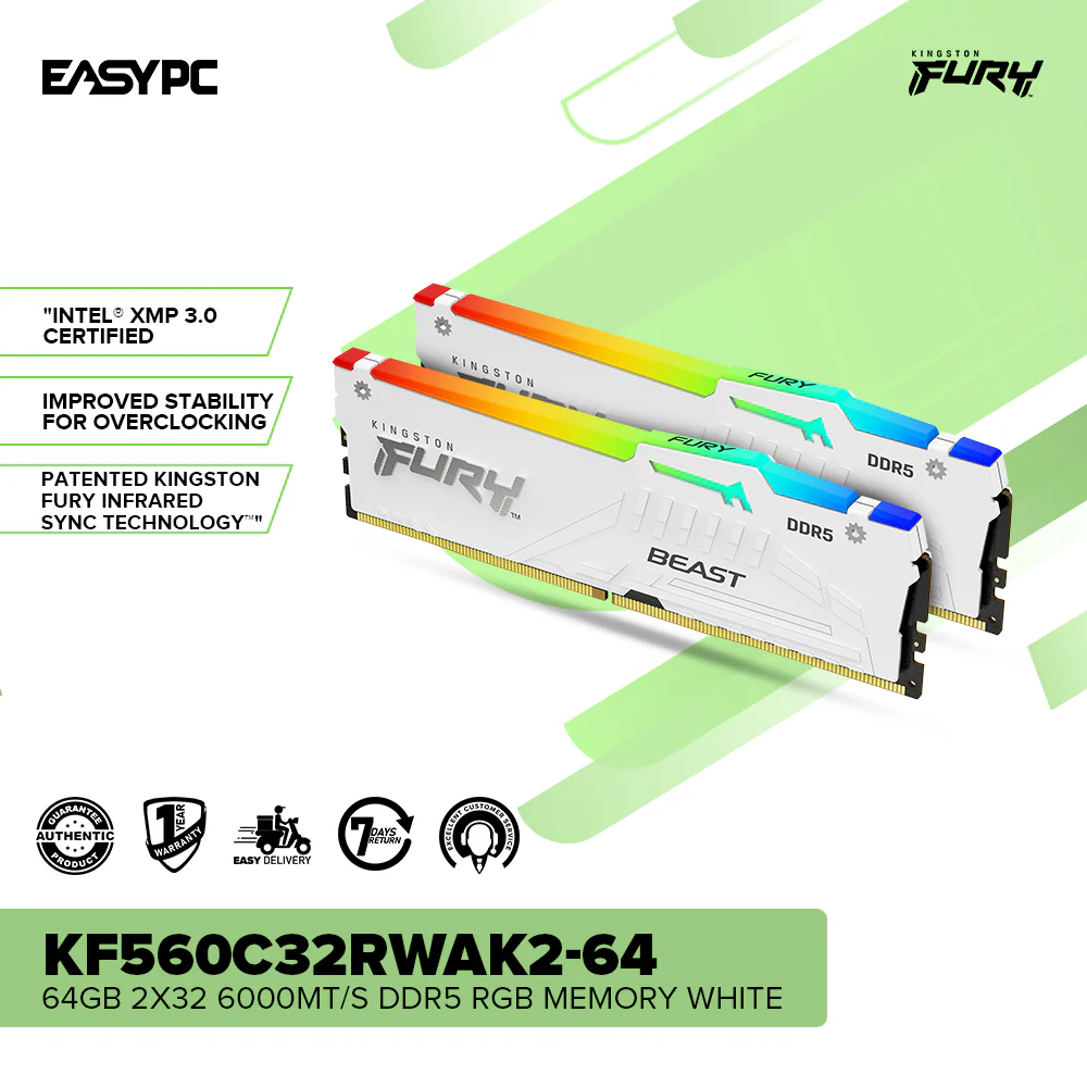 Kingston Fury KF560C32RWAK2-64 64GB 2x32 6000MT/s DDR5 RGB Memory White - Image 2