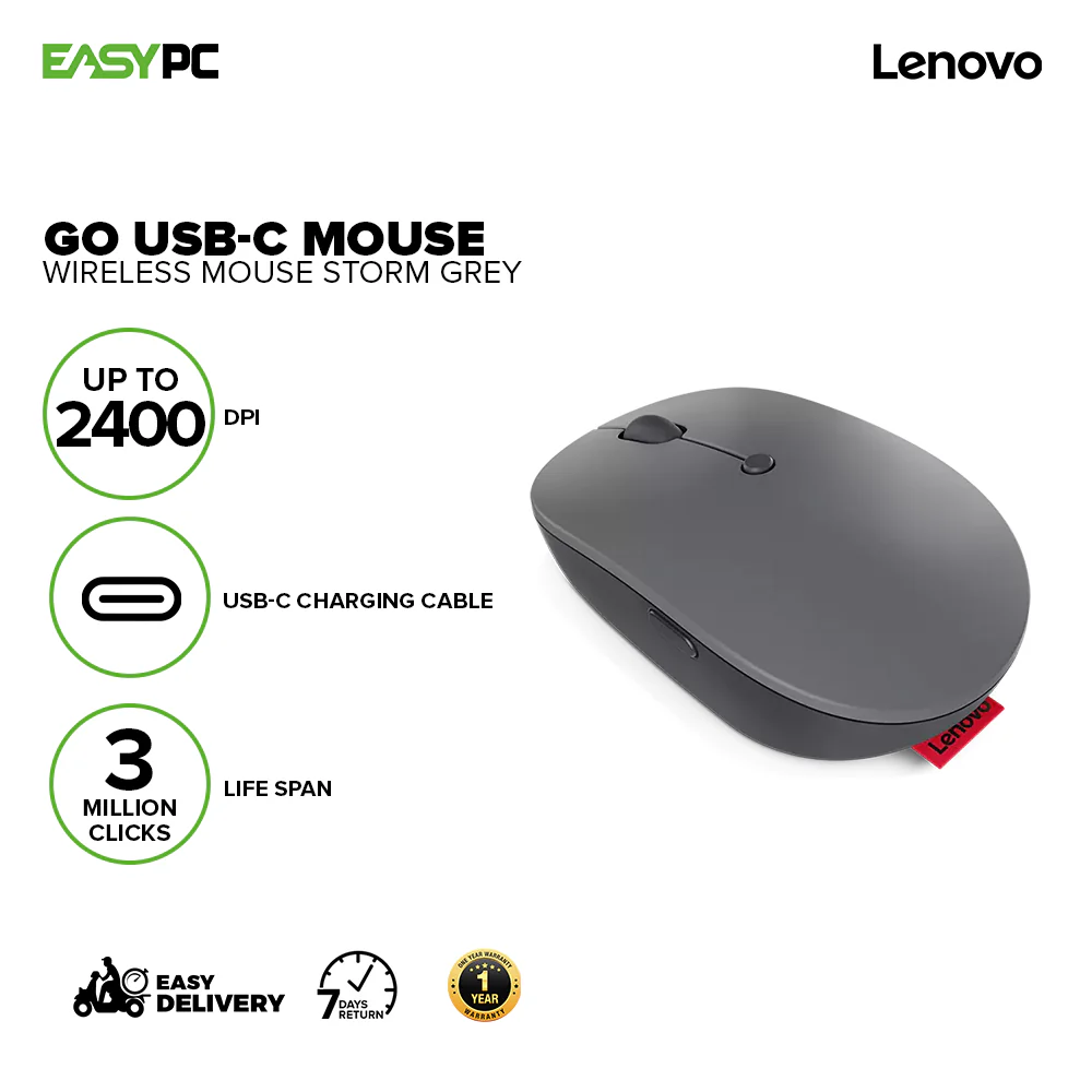 Lenovo Go USB-C Wireless Mouse Storm Grey Compact ambidextrous design, Ergonomic design with Villi painted grip GY51C21210 Wireless Mouse 1ION LEGY2272 - Image 2