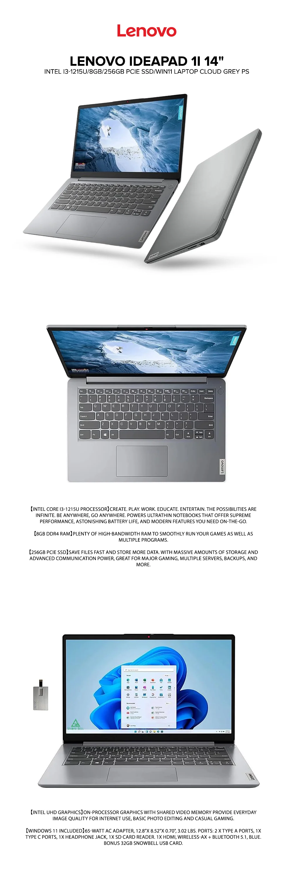 Lenovo IdeaPad 1i 14" Intel i3-1215U/8GB/256GB PCIe SSD/Win11 Laptop Cloud Grey PS - Image 5