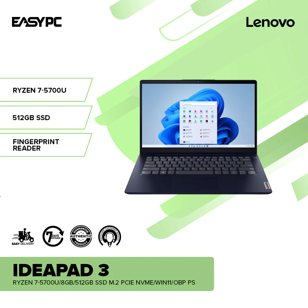 Lenovo IdeaPad 3 14" Ryzen 7-5700U/8GB/512GB SSD M.2 PCIe NVMe/Win11/Fingerprint Reader Laptop OBP PS - Image 2