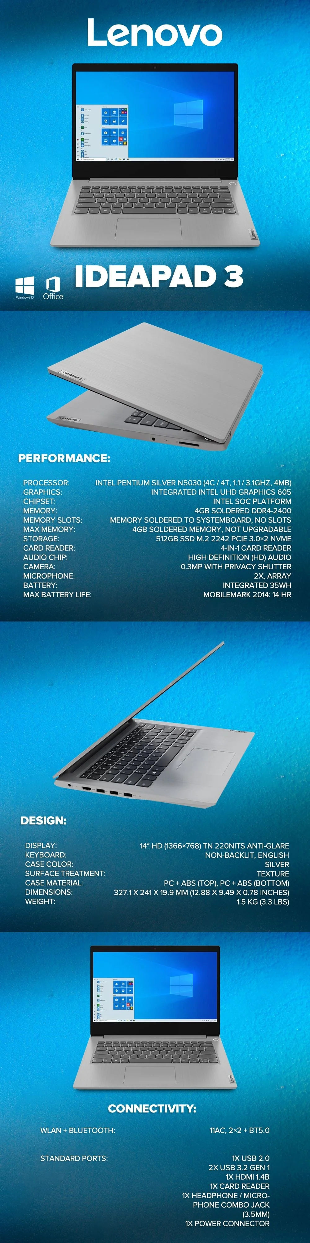 Lenovo Ideapad 3 14Igl05 81Wh002Tph Intel Pen N5030 4GbWin10IntelUhdGraphics 605 512GbSsdM.2 Laptop - Image 6
