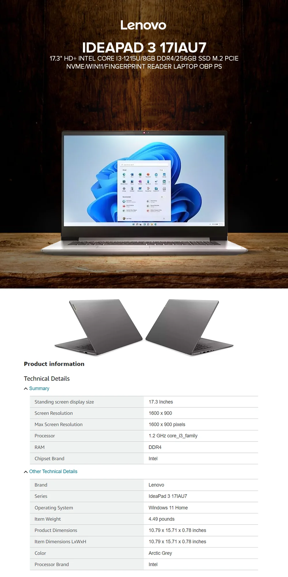 Lenovo IdeaPad 3 17IAU7 17.3" HD+i3-1215U/8GB DDR4/256GB SSD M.2 PCIe NVMe/Win11 Laptop OBP PS - Image 5