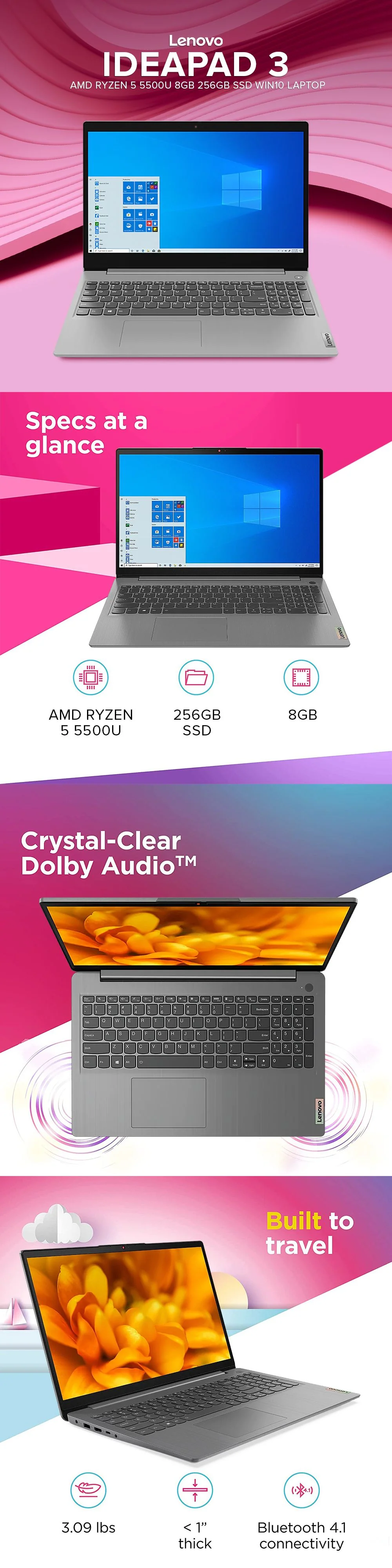 Lenovo Ideapad 3 AMD Ryzen 5 5500U 8GB 256GB SSD Windows 10 Laptop PS - Image 6