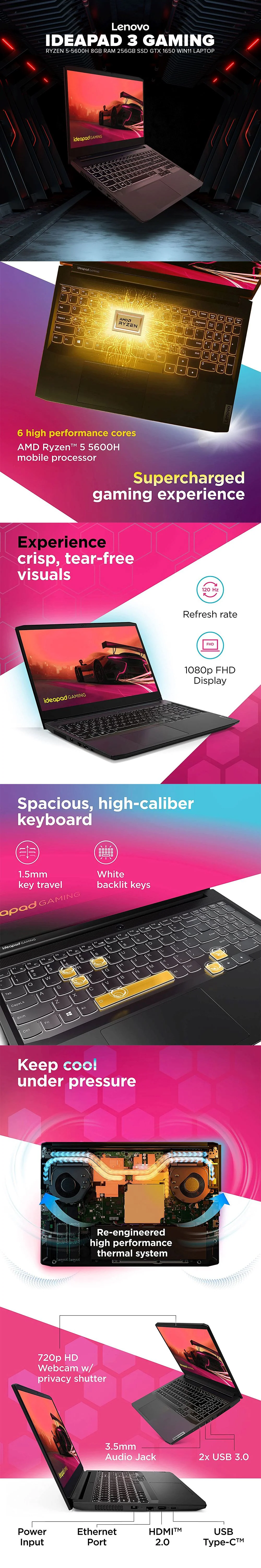 Lenovo IdeaPad 3 Gaming Ryzen 5-5600H 8GB RAM 256GB SSD GTX 1650 Win11 Laptop - Image 7