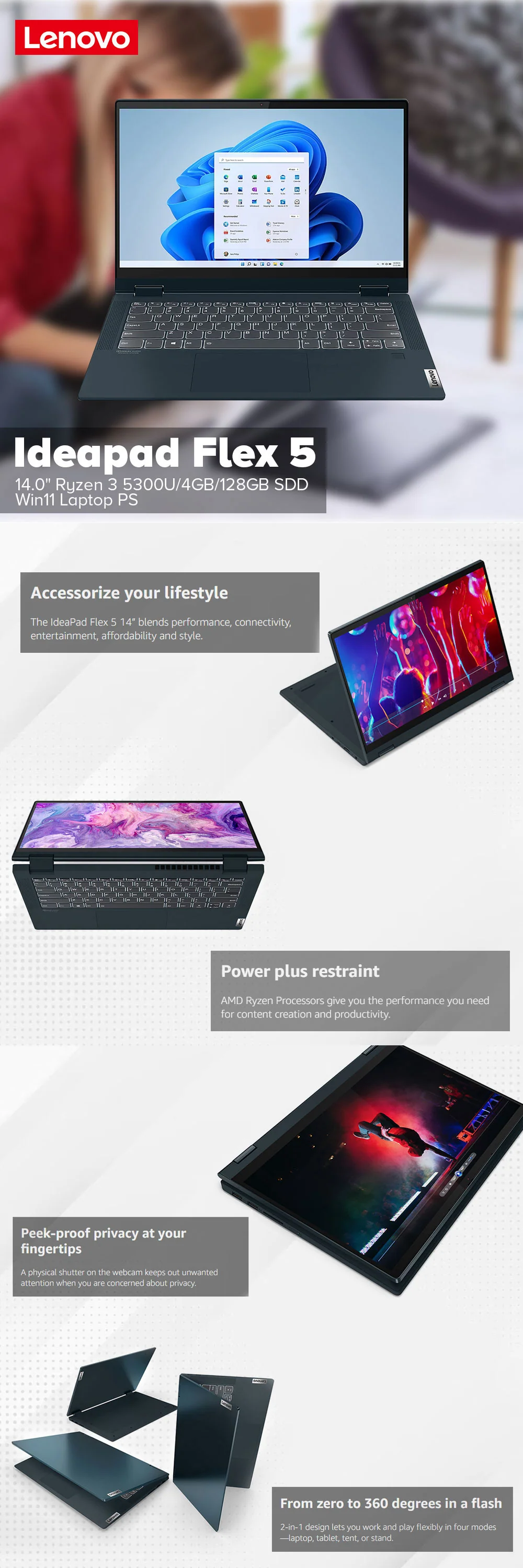 Lenovo Ideapad Flex 5 14.0" Ryzen 3 5300U/4GB/128GB SDD/Win11 (Smode)Laptop OBP PS - Image 6