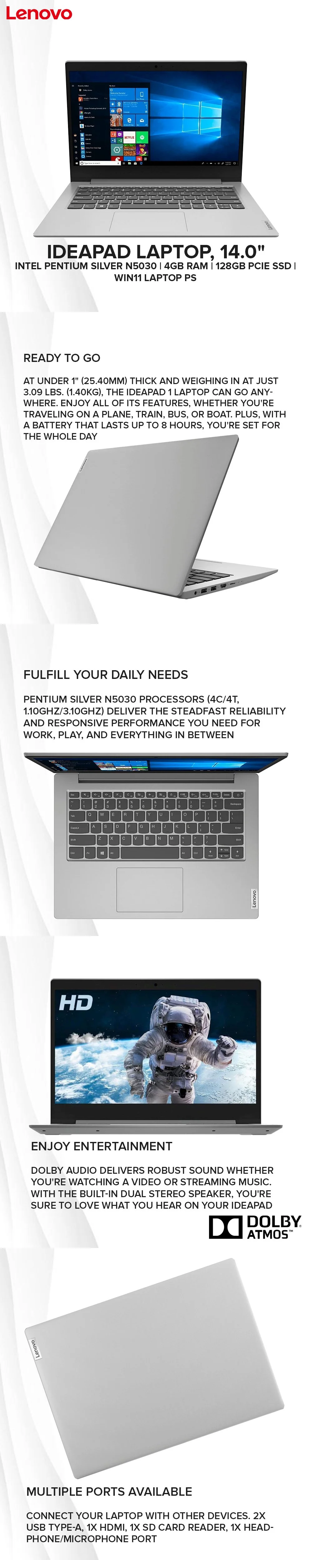Lenovo IdeaPad Laptop, 14.0" Intel Pentium Silver N5030/4GB/128GB PCIe SSD/Win11 Laptop PS Smode - Image 6