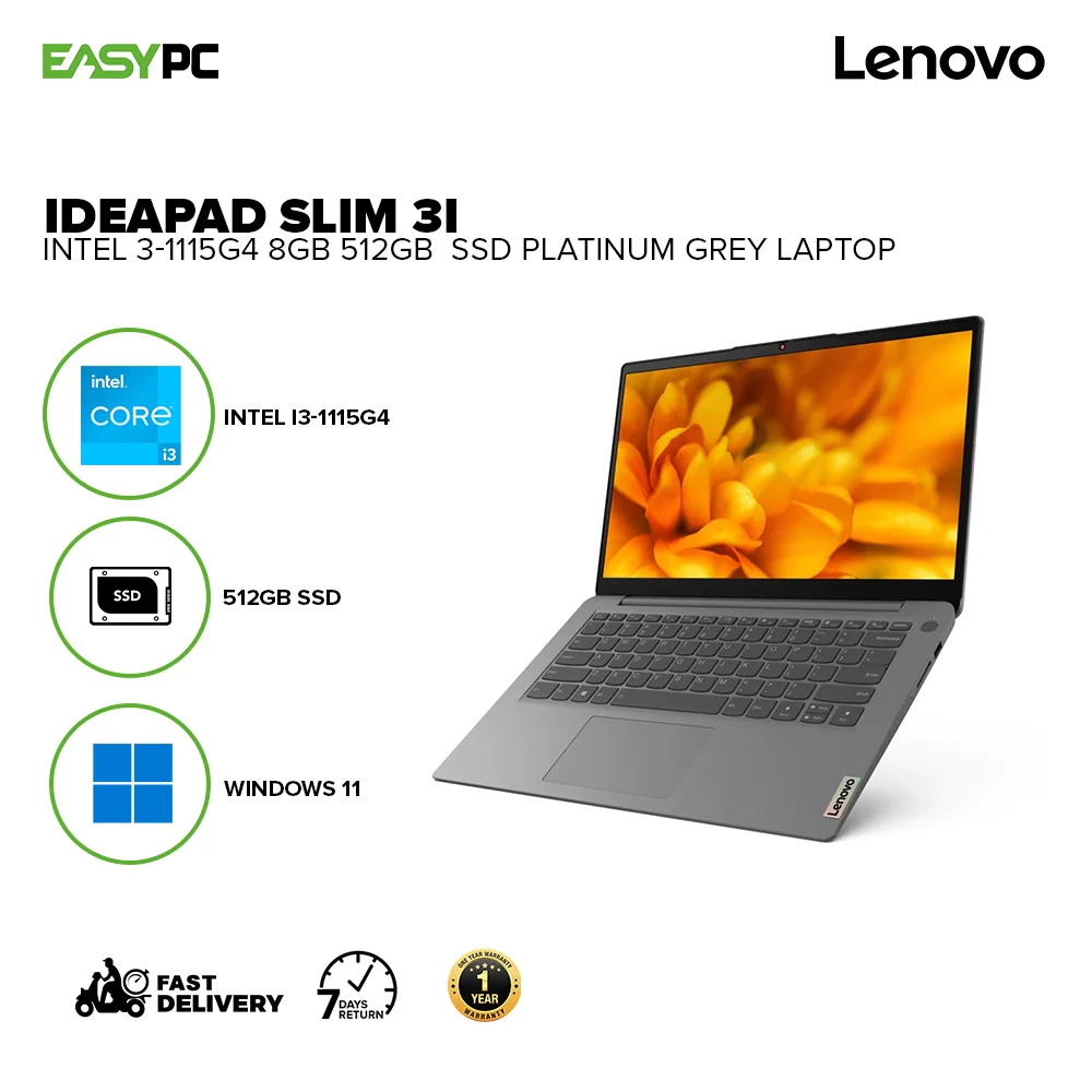 Lenovo IdeaPad Slim 3i 81X800KGPH 15.6 inch Intel 3-1115G4 8GB 512GB SSD Win11 Laptop Platinum Grey - Image 2