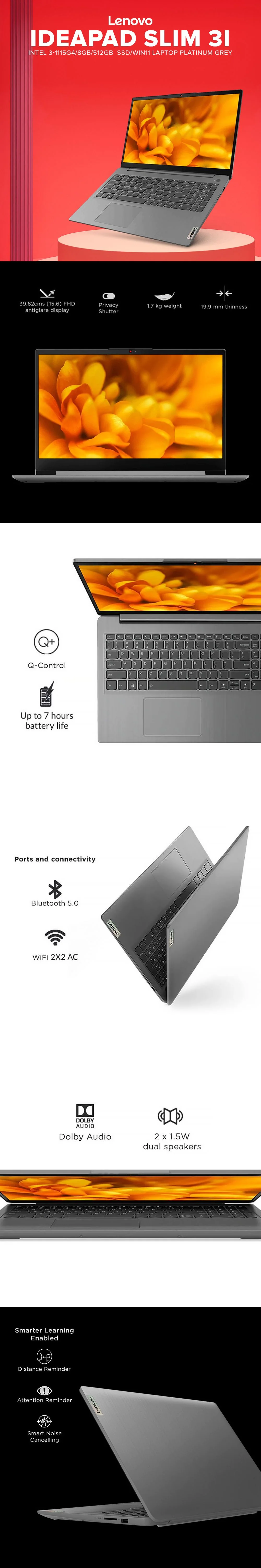 Lenovo IdeaPad Slim 3i 81X800KGPH 15.6 inch Intel 3-1115G4 8GB 512GB SSD Win11 Laptop Platinum Grey - Image 6