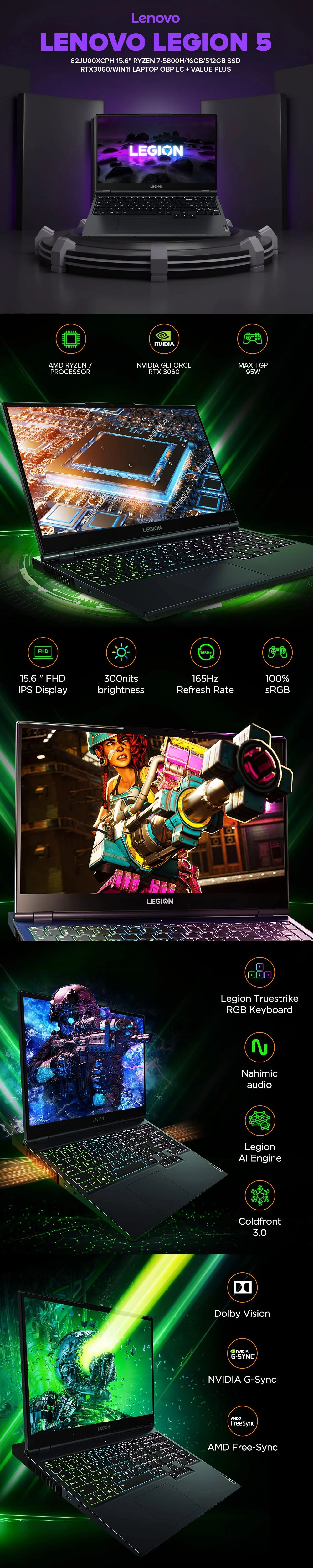 Lenovo Legion 5 82JU00XCPH 15.6" Ryzen 7-5800H/16GB/512GB SSD/RTX3060/Win11 Laptop OBP LC - Image 10