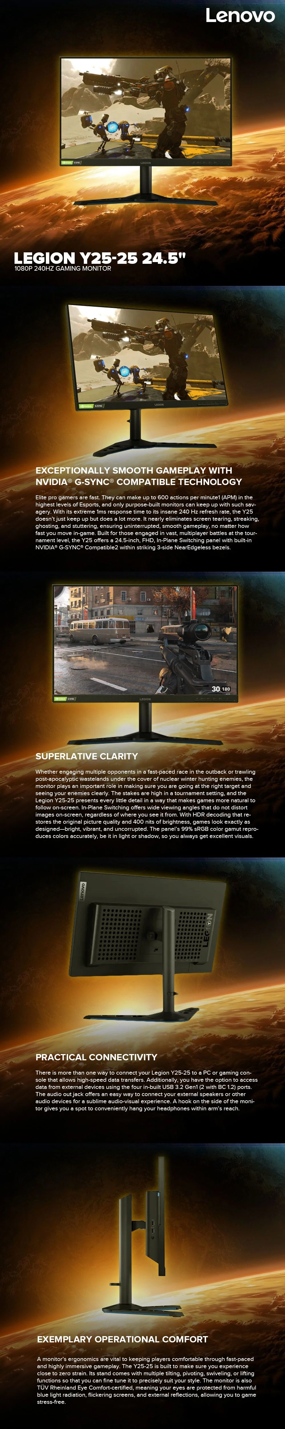 Lenovo Legion Y25-25 24.5" 1080p 240Hz Exceptionally smooth gameplay with NVIDIA G-SYNC Compatible technology Practical Connectivity Gaming Monitor - Image 6