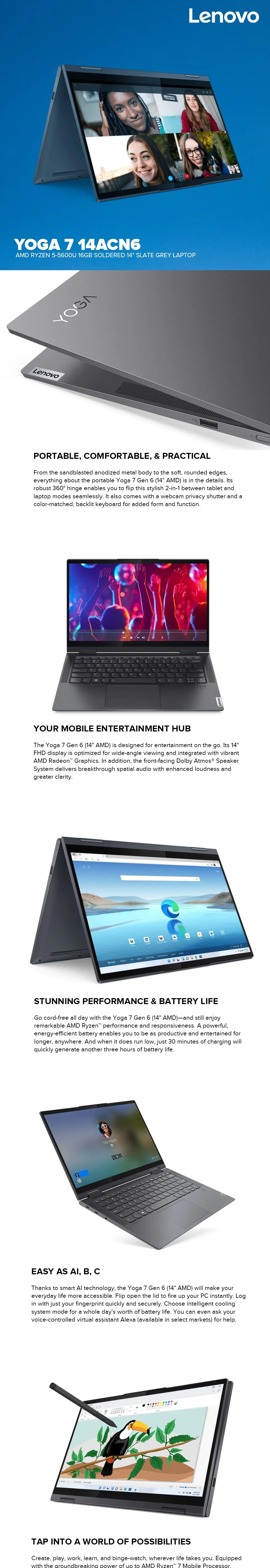 LENOVO YOGA 7 14ACN6 AMD Ryzen 5-5600U 16GB 14-inch FHD IPS Touch/Pen 512 SSD AMD Radeon Win11 Laptop Slate Grey 1ION - Image 4