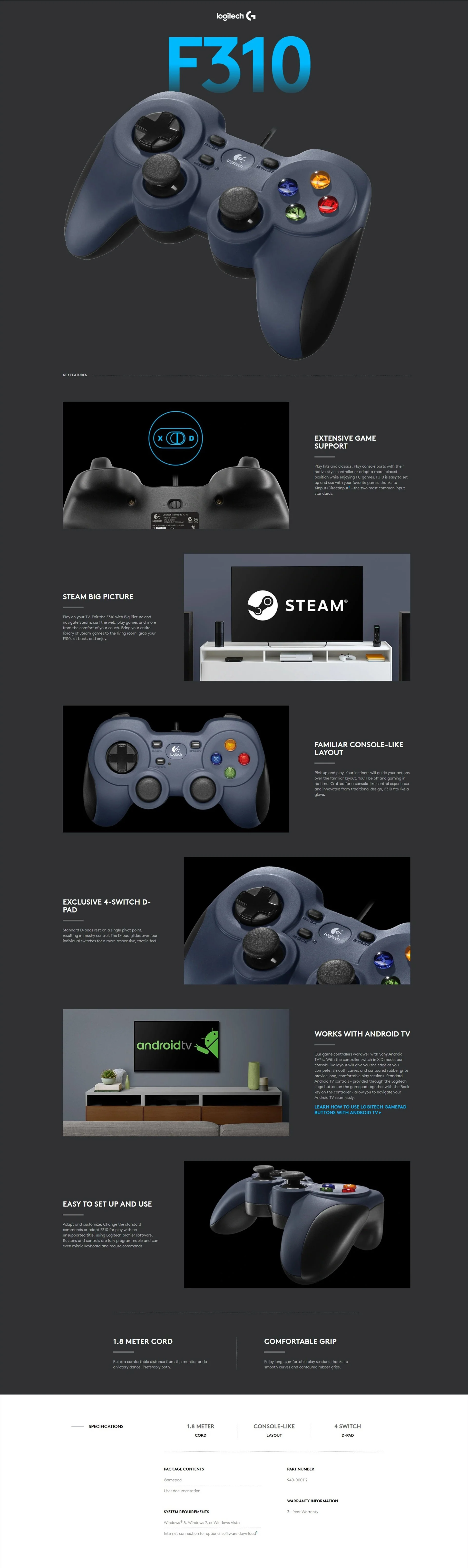 Logitech F310 1.8m Cord Easy to Set up and use Gamepad - Image 6