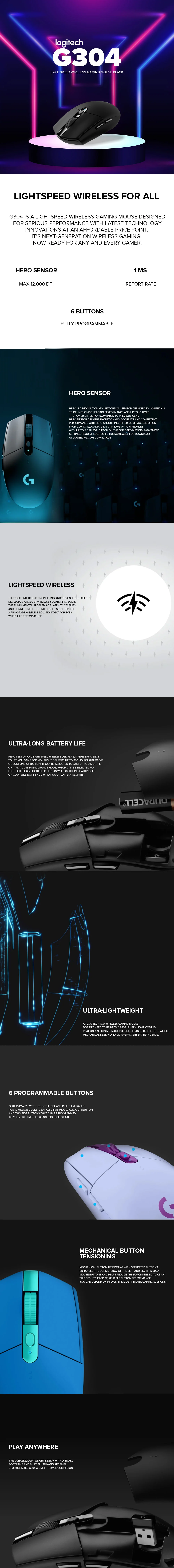 Logitech G304 MAX 12,000 DPI HERO Sensor 6 button fully programmable Lightspeed Wireless White Gaming Mouse - Image 6