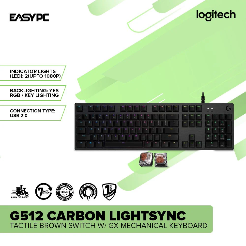 Logitech G512 Carbon lightsync RGB tactile BROWN switch W/ GX Mechanical Keyboard - Image 2