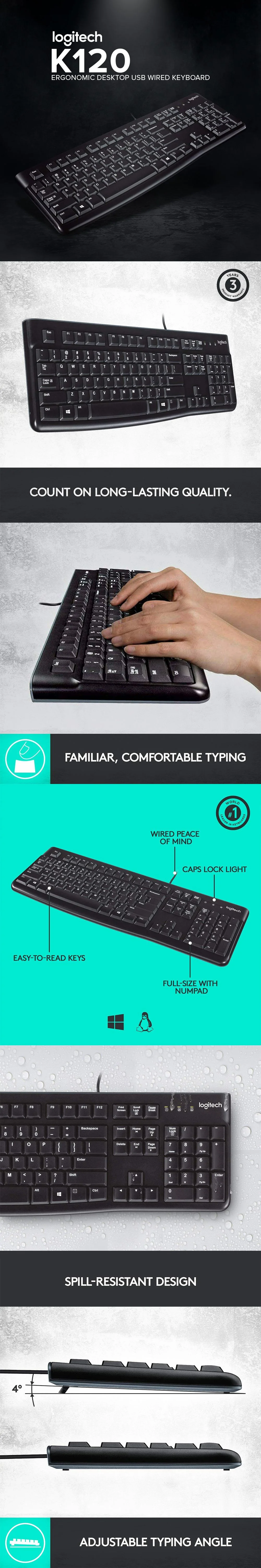 Logitech K120 Ergonomic Desktop USB Adjustable Typing Angle,Spill Resistant Design Full Sized with Numpad Wired Keyboard - Image 6