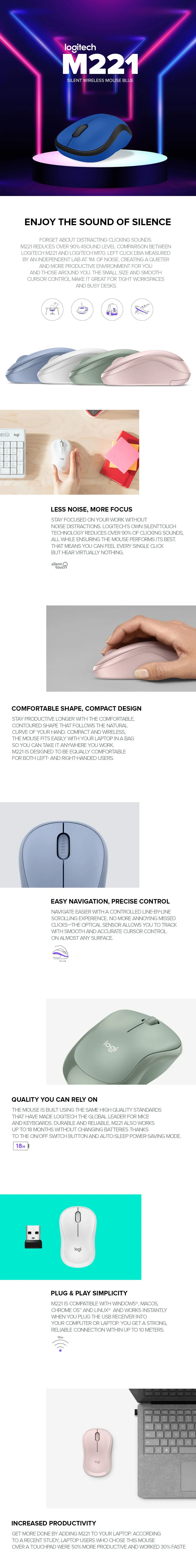 Logitech M221 comfortable and easy-to-use, Silent Wireless Blue, Red, Charcoal, White and Rose Gaming Mouse - Image 24