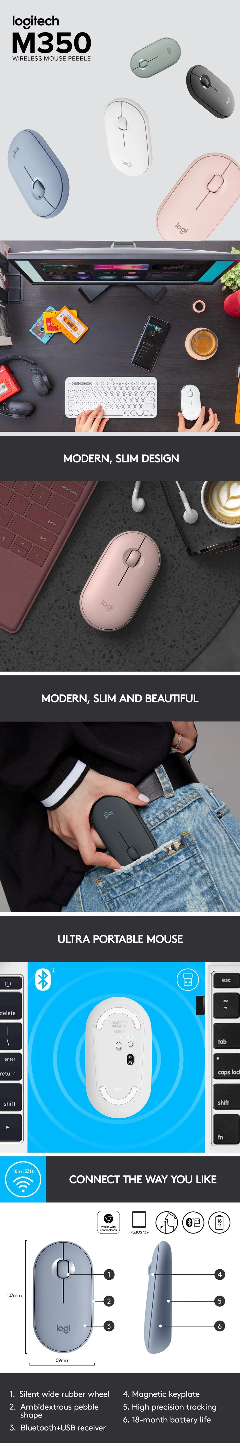 Logitech M350 Wireless Mouse Pebble White, Rose, Graphite, Blue and Gray Gaming Mouse - Image 26