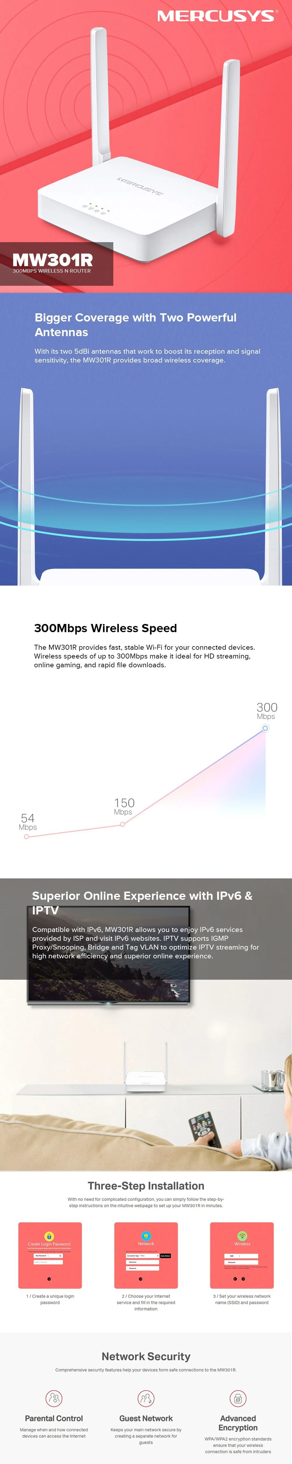Mercusys MW301R 300mbps wireless transmission rate is ideal for basic work, Two 5dBi antennas provides broad wireless coverage Router Network Device - Image 6