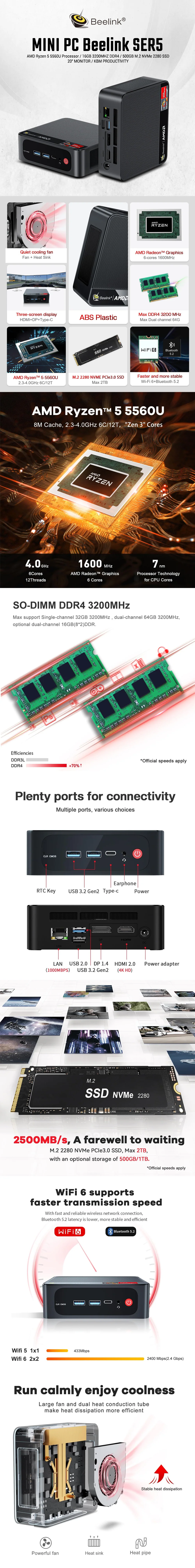MINI PC Beelink SER5 AMD Ryzen 5 5560U /16GB 3200MHZ DDR4 /500GB M.2 NVMe 2280 SSD /20" MONITOR /KBM - Image 5