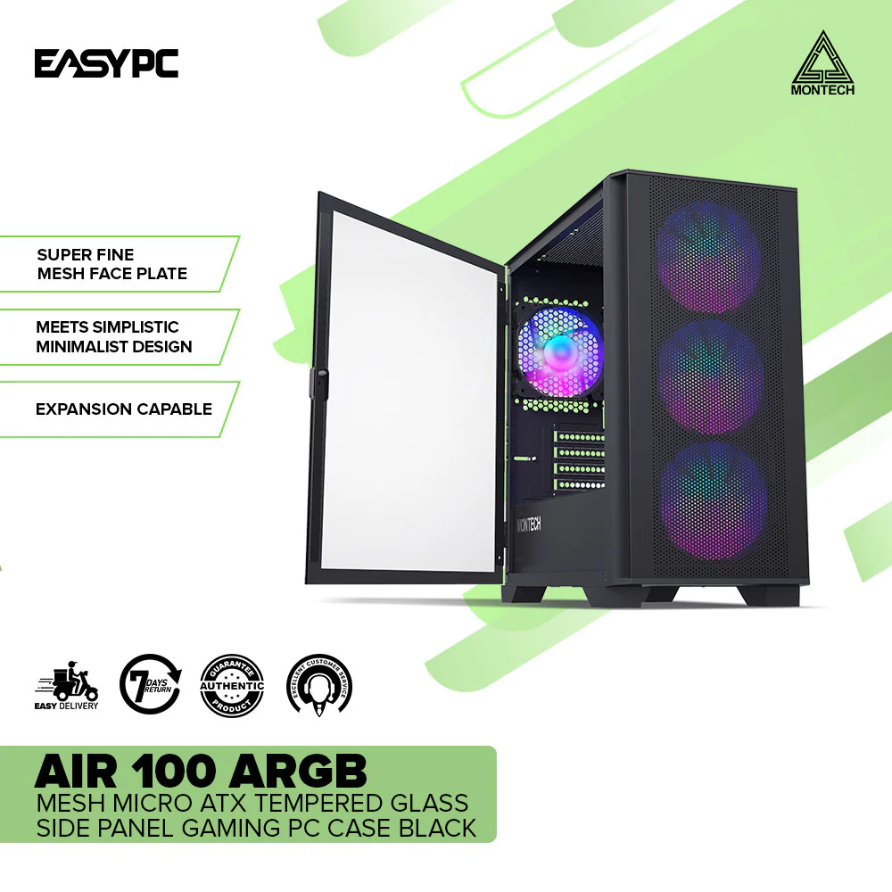 Montech Air 100 ARGB Mesh Micro ATX Tempered Glass Side Panel Gaming PC Case Black - Image 2
