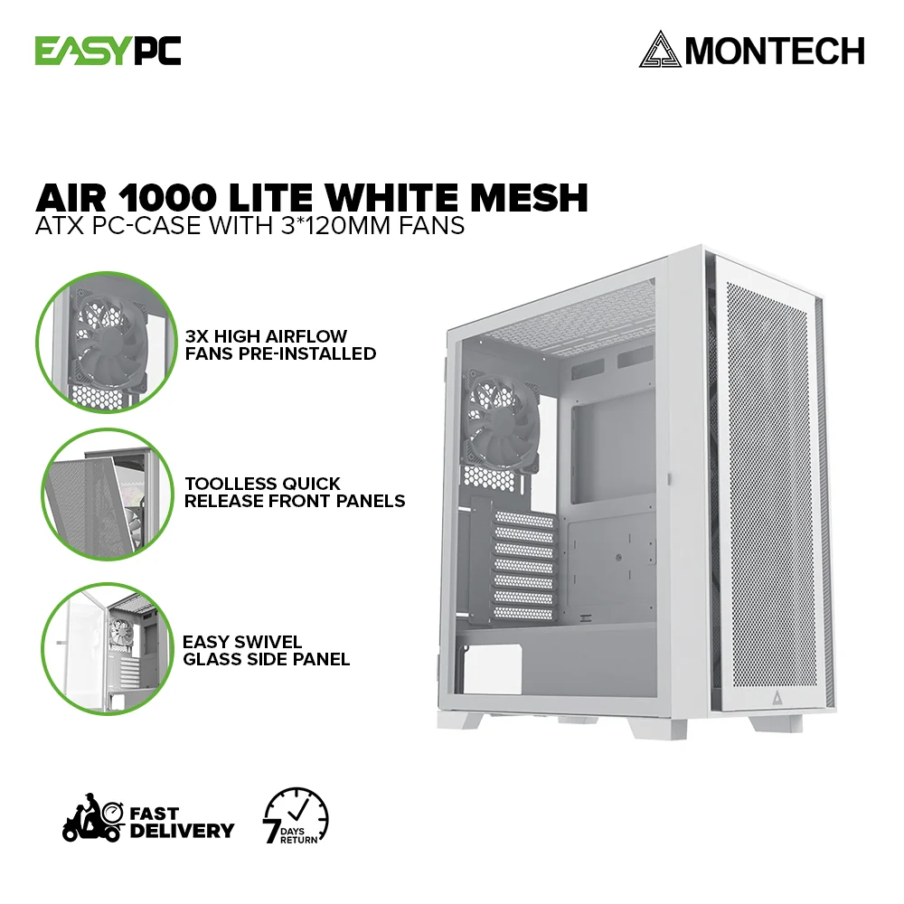 Montech Air 1000 Lite White Mesh ATX Case with 3*120mm Fans Toolless Quick Release Front Panels PC Case 18LIG MO472606 - Image 2