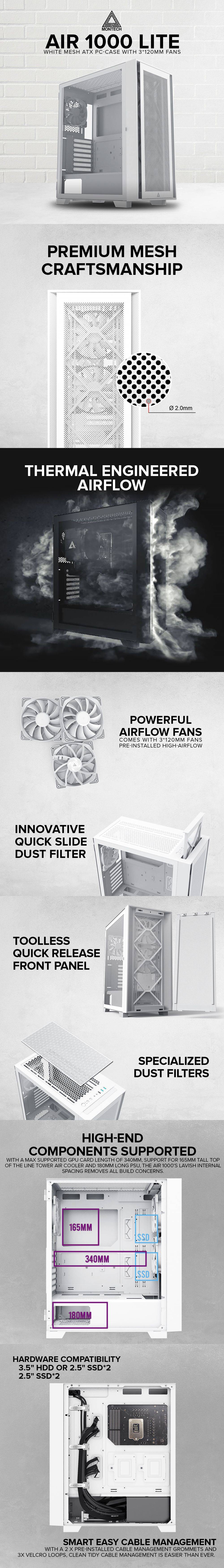 Montech Air 1000 Lite White Mesh ATX Case with 3*120mm Fans Toolless Quick Release Front Panels PC Case 18LIG MO472606 - Image 6