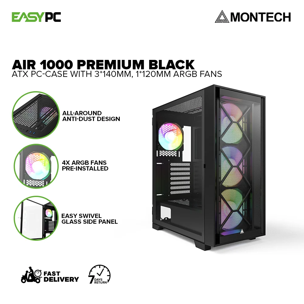 Montech Air 1000 Premium ATX Case with 3*140mm, 1*120mm ARGB Fans, Anti-Dust Design, Black and White PC Case 18LIG - Image 2