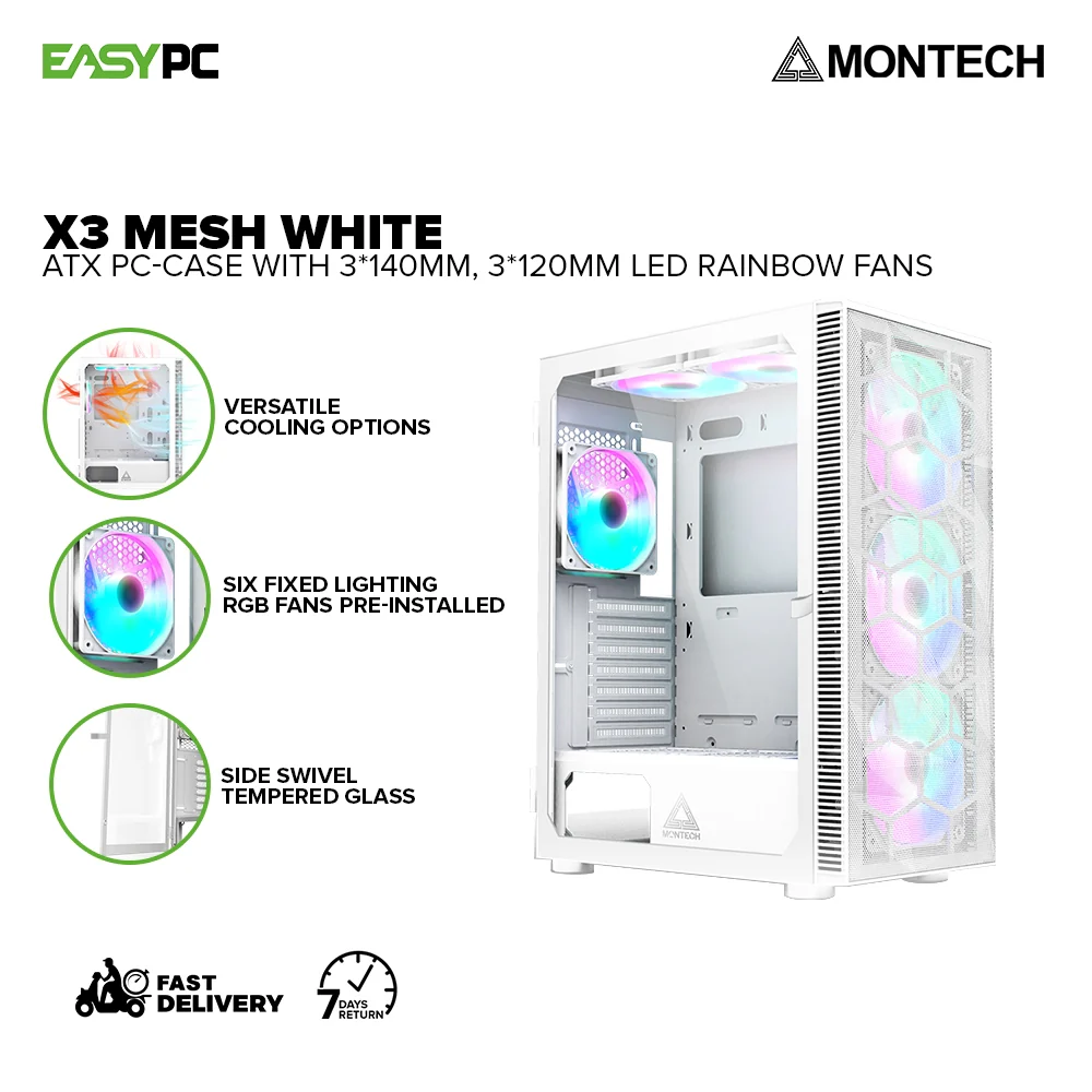 Montech X3 Mesh White ATX Case with 3*140mm, 3*120mm LED Rainbow Fans Flexible Component Support PC Case 17LIG MO472609 - Image 2
