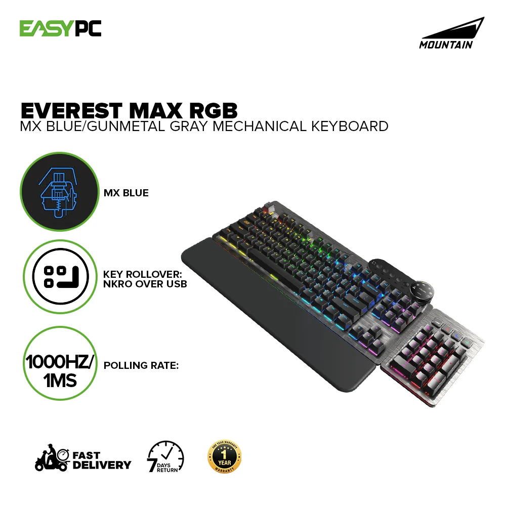 Mountain Everest Max RGB Backlight MX Blue, Brown, Red, & MX Silent Gunmetal Gray ABS Keycaps Mechanical Keyboard 18LIG - Image 2